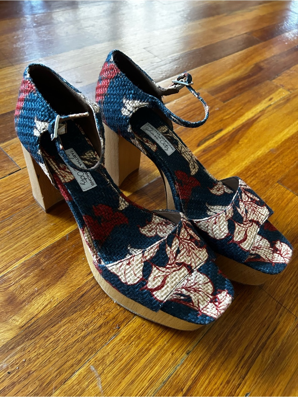 Tabitha Simmons Navy and Red Floral Woven Platform Sandals